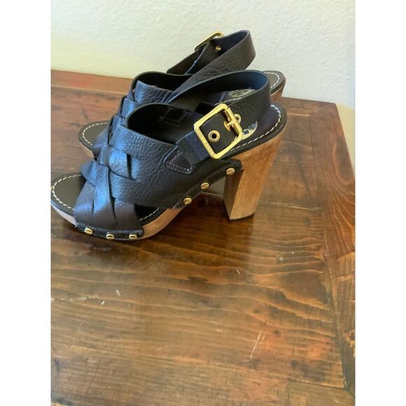 TORY BURCH Jodie Brown Leather Wooden Heels 7.5M - Picture 5 of 13